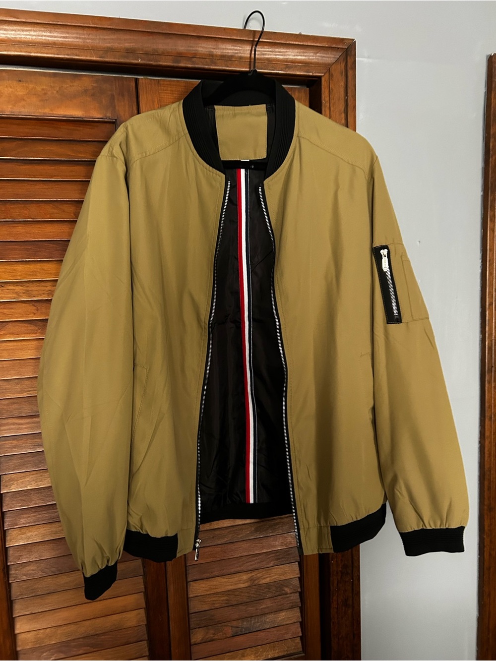 Men's Tan Bomber Jacket with Black Trim